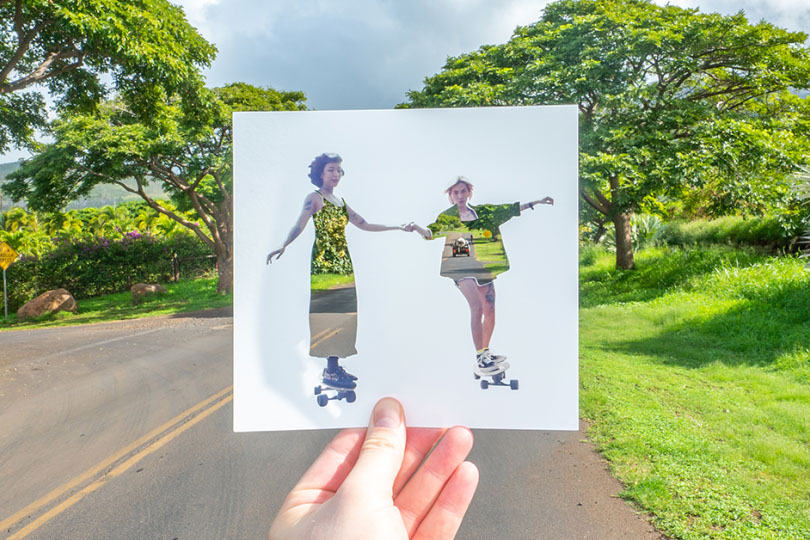 Women skateboarding image superimposed over street.