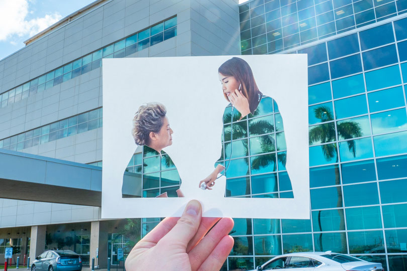 Image of nurse and patient superimposed over hospital.