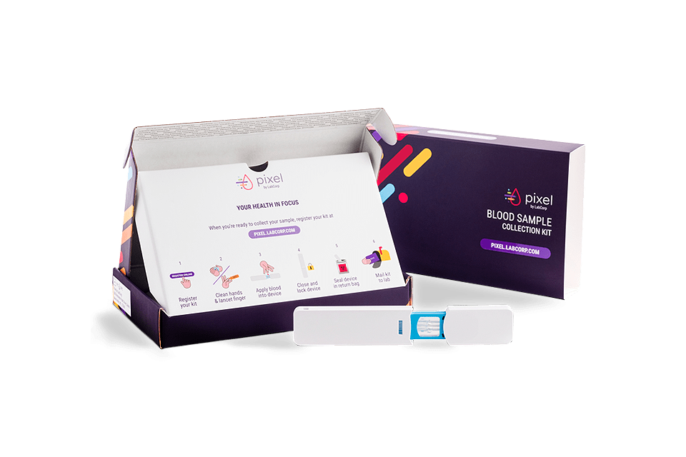 Labcorp colon cancer screening test box with contents displayed on white background, showing kit components and instructions