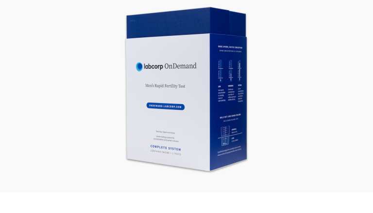 A blue and white packaging of Men's Rapid Fertility Test Refill Kit, showcasing its modern design and essential product information.
