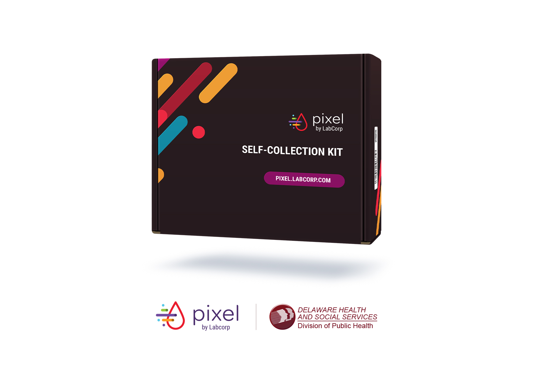 COVID-19 PCR self-collection test, black box on white background, with Pixel by Labcorp and Delaware Health logos