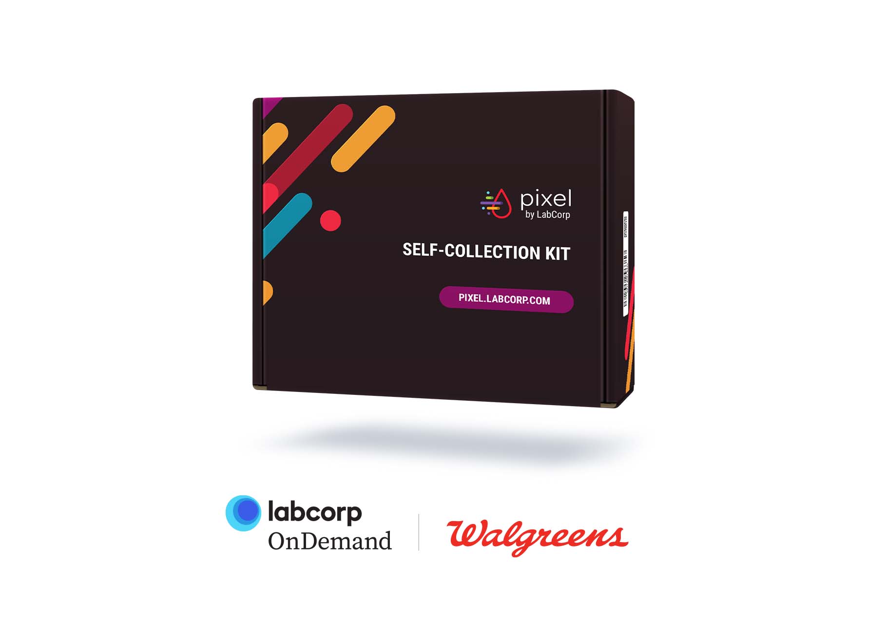 Black box for COVID-19 PCR self-collection test, displaying Labcorp OnDemand and Walgreens logos, on plain background