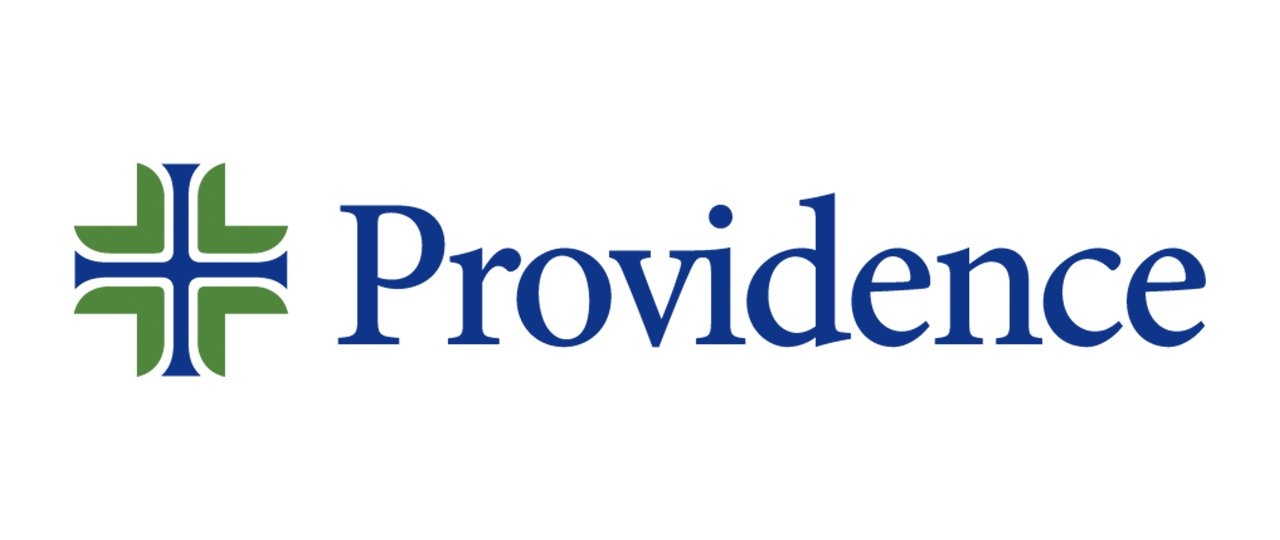Providence logo on white background, featuring stylized cross symbol and 'Providence' text in distinctive color