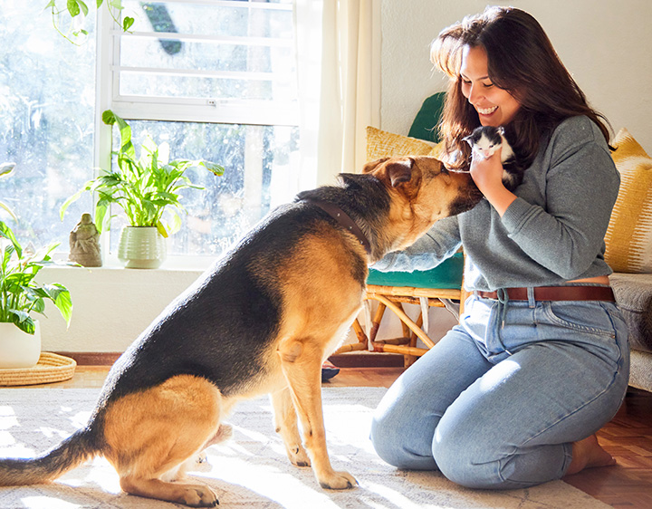 woman with dog and cat