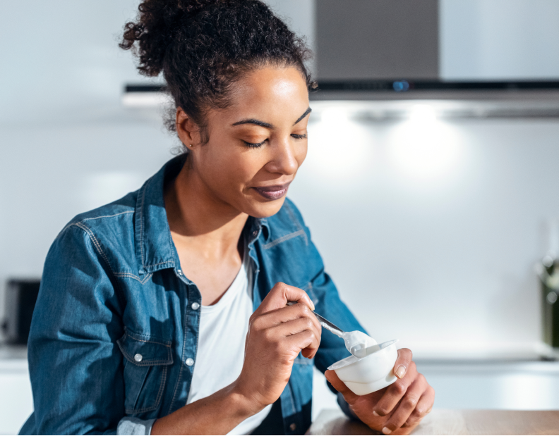 A women happily eating