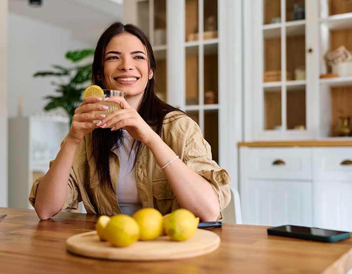 Woman drinking juice checking on health