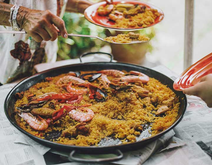 Close up of a delicious dish made with seafood and shellfish that people will be eating together