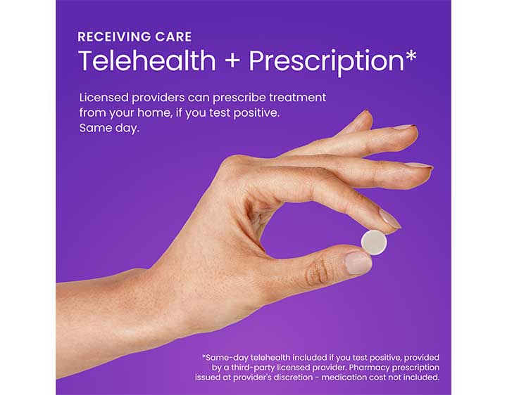 Image showing a hand holding a pill, describing included telehealth and prescription if applicable