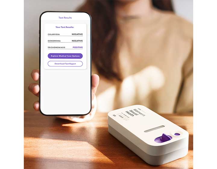 An image of the device and a phone screen showing the results of the test