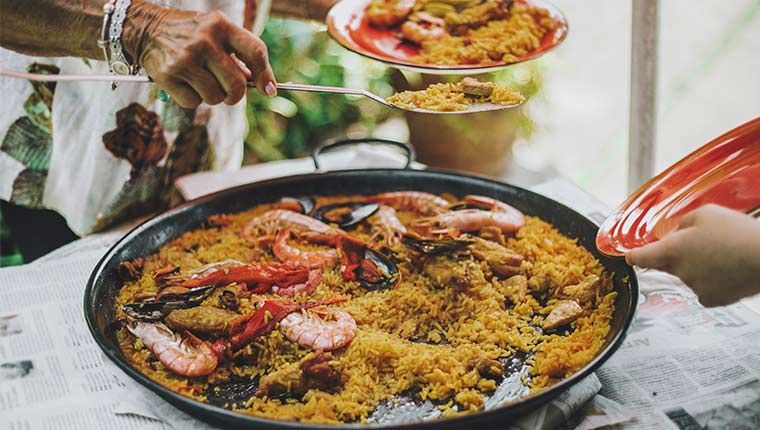Close up of a delicious dish made with seafood and shellfish that people will be eating together.