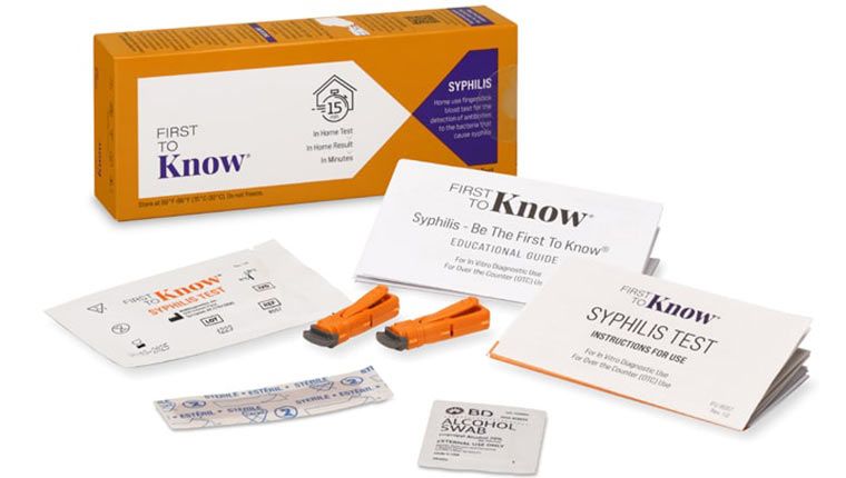 A box for first to know syphilis test kit, displaying kit items with educational guide and instructions, on plain background